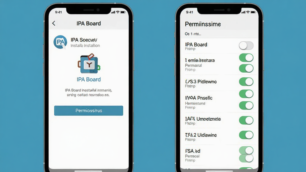 一张 IPA Board 安装与权限设置示意图,画面为手机屏幕显示应用安装界面与权限开关列表,界面元素清晰,背景为纯色,风格扁平化,细节明确,画质干净,无多余装饰
