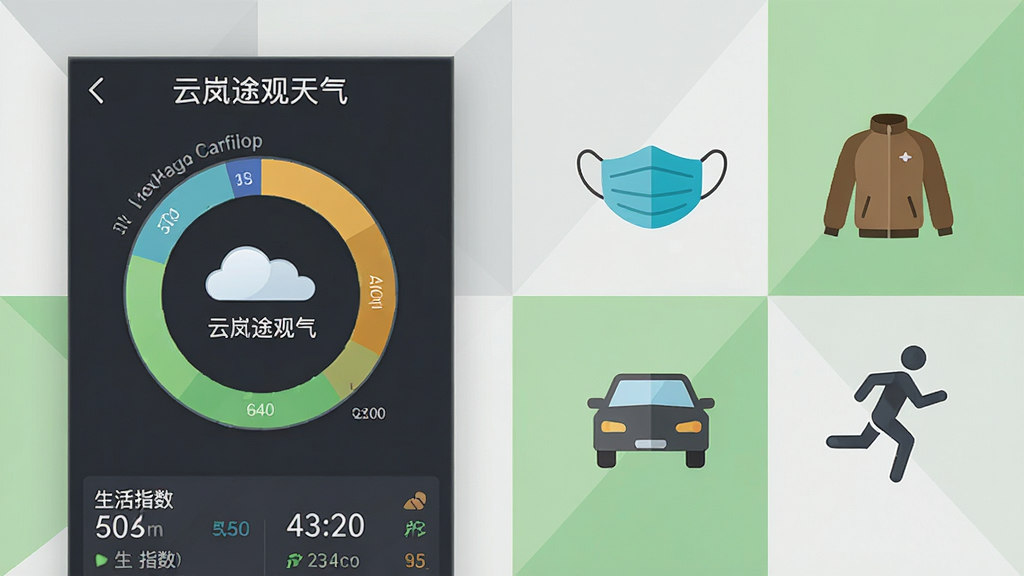 一张横向构图的信息图场景,左侧是“云岚途观天气”应用界面截图样式的空气质量环形图与生活指数列表,右侧用扁平图标表现口罩、外套、汽车和跑步人物;背景为浅灰与淡绿拼接的几何色块,风格清爽简约,排版整齐,细节清晰,画质干净,无多余装饰元素