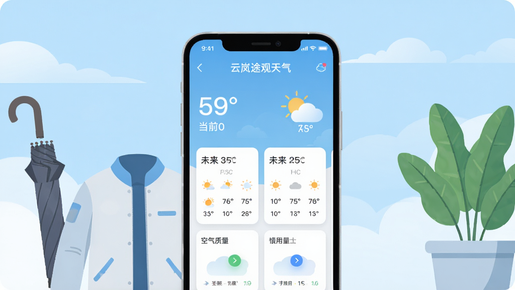 画面中央是一部竖屏智能手机,屏幕上显示“云岚途观天气”应用主界面,界面包含当前温度、天气图标、未来几日预报卡片和空气质量模块;手机背后是淡蓝色天空与轻薄云层,左侧摆放一把折叠伞和一件薄外套,右侧有一盆绿植;整体采用清新明亮的扁平插画风格,色调以天蓝、白色和浅灰为主,细节干净利落,画质清晰,无多余杂乱元素