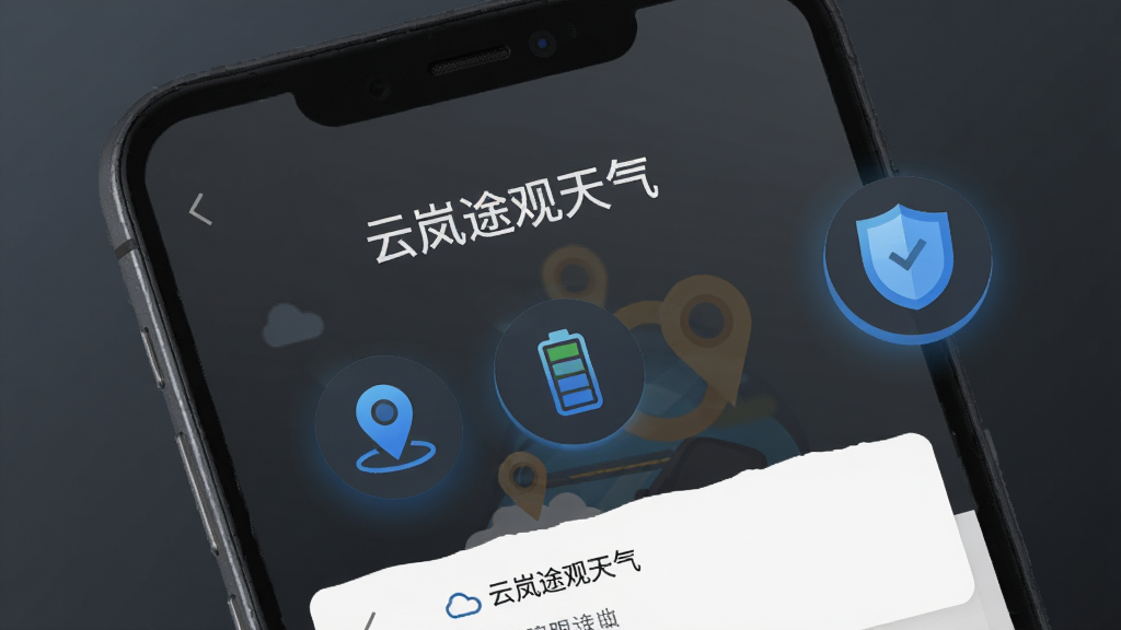 一部安卓手机屏幕特写,显示“云岚途观天气”的权限设置引导页面,旁边悬浮着定位图标、电池优化图标和盾牌安全图标;背景为深灰色渐变,图标带蓝色光效,风格为科技感扁平插画,排版简洁,画质清晰,画面干净无多余文字