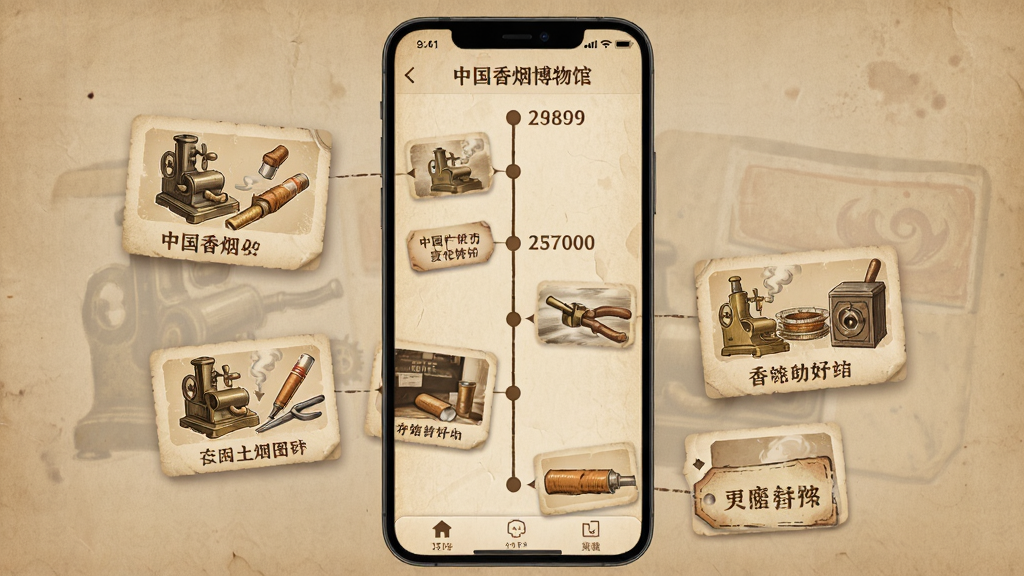 主体为中国香烟博物馆应用内历史时间轴页面展示,布局为手机屏幕居中、左右延展历史节点,排版采用纵向时间线加图文卡片,风格为复古怀旧数字界面风,细节包含老式卷烟工具插画、年代标签、柔和纸张质感背景,画质高清干净无多余元素