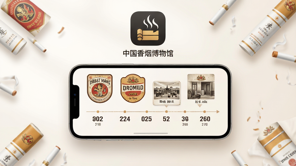 主体为中国香烟博物馆手机应用界面悬浮展示,布局采用居中构图,上方为应用图标与名称“中国香烟博物馆”,中间展示手机屏幕内呈现复古烟标与历史时间轴排版,风格为写实数字产品展示风,细节包含柔和光影、干净背景、香烟文化元素点缀,画质高清干净无多余元素
