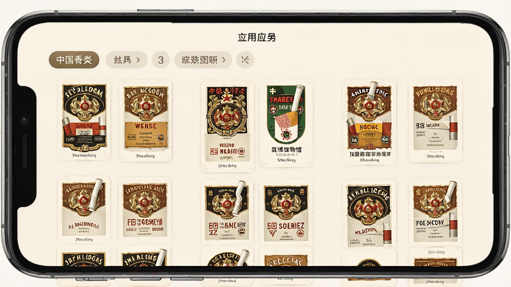 主体为中国香烟博物馆应用内烟标图鉴页面,布局为手机屏幕居中展示网格状烟标缩略图,排版采用三列图鉴卡片加顶部分类标签,风格为清新收藏图鉴风,细节包含复古烟标图案、分类筛选按钮、浅色背景,画质高清干净无多余元素