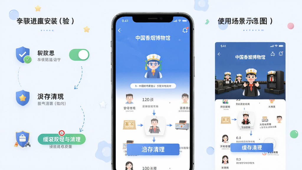 主体为中国香烟博物馆应用安装与使用场景示意图,布局为手机屏幕居中展示安装进度与首页界面,排版采用左右分栏展示安装步骤与浏览界面,风格为清爽教程示意风,细节包含权限开关图标、缓存清理按钮、浅色背景,画质高清干净无多余元素