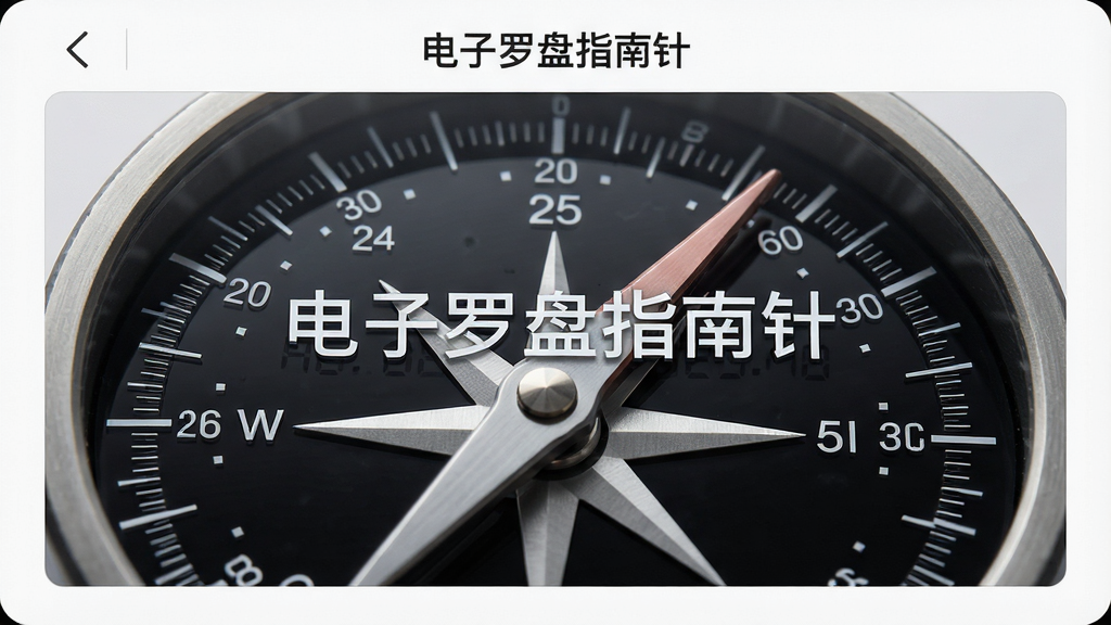 主体为电子罗盘指南针的界面特写,突出罗盘刻度盘与角度数字的细节;布局为屏幕居中放大展示,四周留出干净边框;风格为极简科技风;细节包括刻度线细腻、数字清晰、指针带有金属质感;画质高清、干净、无多余元素,图片中打文字“电子罗盘指南针”。