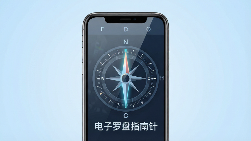 主体为一部智能手机,屏幕中央显示一个精致的数字罗盘界面,指针指向北方,周围环绕角度刻度与方位字母;布局采用居中对称构图,手机置于画面正中,背景为柔和的浅蓝色渐变;风格为现代科技感扁平化设计;细节包括屏幕反光、罗盘刻度清晰、指针带有微光效果;画质高清、干净、无多余元素,图片中打文字“电子罗盘指南针”。