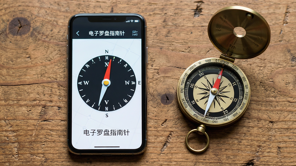 主体为一部手机平放在木质桌面上,屏幕显示电子罗盘指南针界面,旁边放置一个传统指南针作为对比;布局为俯拍视角,手机与传统指南针并排;风格为清新静物风;细节包括桌面纹理、屏幕亮度适中、指针方向一致;画质高清、干净、无多余元素,图片中打文字“电子罗盘指南针”。
