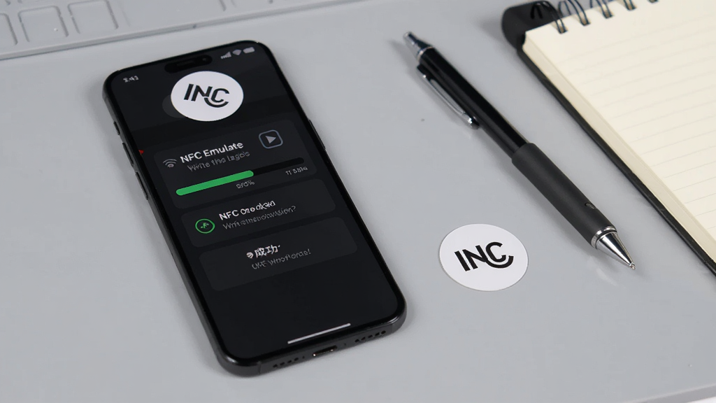 手机屏幕显示NFC Emulate的写入标签界面,界面中有进度条与写入成功提示,手机背面贴着一张圆形NFC标签,背景为淡灰色工作台面,旁边放置一支笔与记事本,风格简约实用,布局左侧手机右侧标签,高清画质,画面干净