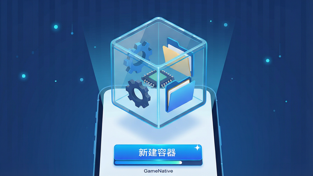 一张表现“容器创建”概念的插画,画面主体是一个悬浮在手机屏幕上方的半透明方形玻璃容器,容器内部有齿轮、芯片与文件夹图标,手机屏幕显示“新建容器”按钮与进度条,布局为手机居中、容器在上方悬浮,风格为科技感扁平插画,细节包含蓝色光效、按钮高光、界面文字“GameNative”与“新建容器”,画质干净清晰,无多余元素