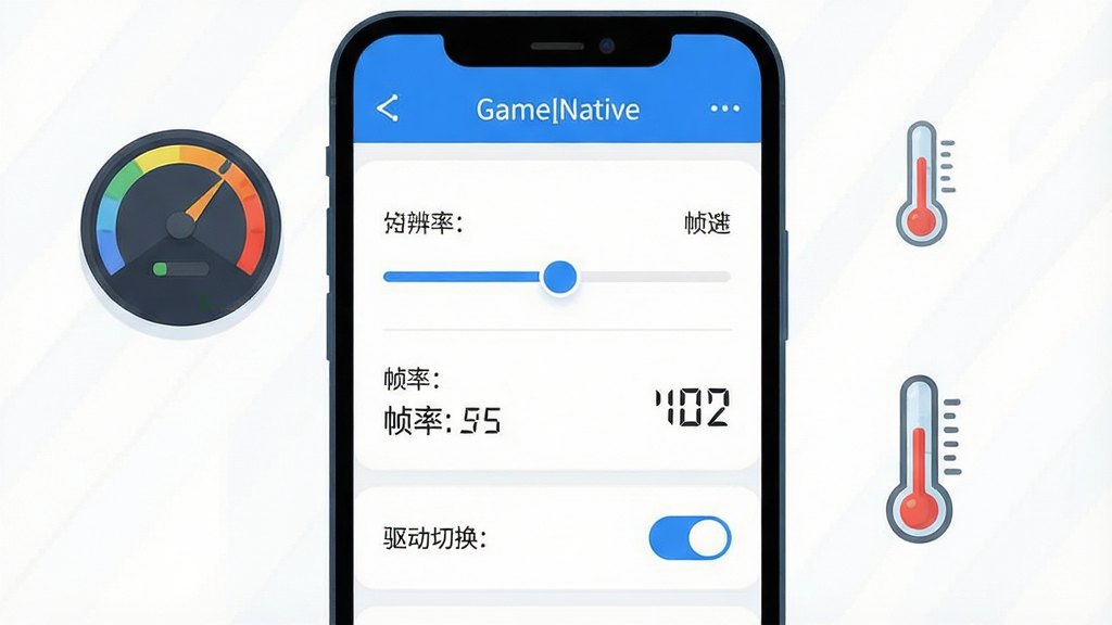 一张展示“性能参数调节”界面的示意图,画面主体是手机屏幕内的设置面板,面板上有分辨率滑块、帧率数字、驱动切换开关等控件,旁边漂浮着代表性能的仪表盘与温度计图标,布局为手机居中、控件环绕,风格为清爽扁平化UI插画,细节包含蓝色高亮滑块、清晰数字标签、界面文字“GameNative”,画质干净锐利,无多余装饰