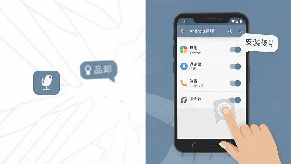 一张展示手机安装应用权限设置界面的示意图,画面主体为竖屏手机屏幕,显示安卓系统的权限管理页面,包含存储、通讯录、位置等权限开关列表,旁边有手指点击屏幕的示意动作,布局为手机居中偏右、左侧留白放置提示图标,风格为扁平化信息图风,色调以白色和蓝灰色为主,细节包括权限开关图标和提示气泡,画质清晰,干净,无多余元素