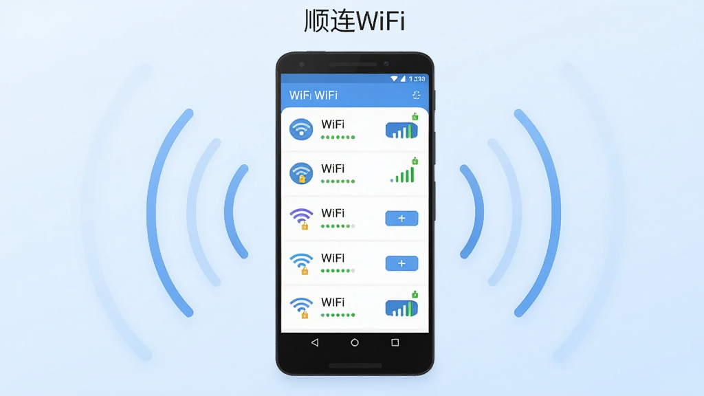 画面中央放置一部安卓手机,手机屏幕显示WiFi信号列表界面,界面中排列多个无线网络名称与信号强度图标,手机周围环绕简约的无线信号波纹线条,背景为浅蓝色渐变,整体布局居中对称,风格为扁平化科技插画,细节包括信号图标、锁形安全标识、连接按钮,画面干净整洁,画质清晰,无多余元素,图片中文字为“顺连WiFi”