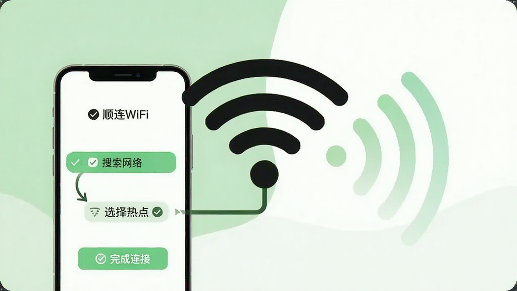 画面中央为一部手机与一个大型WiFi信号图标相连,手机屏幕显示连接步骤引导界面,包含“搜索网络”“选择热点”“完成连接”三个步骤标签,背景为淡绿色与白色拼接的简洁布局,风格为清新扁平插画,细节包括步骤箭头、勾选图标、信号波纹,画质清晰,画面干净,无多余元素,图片中文字为“顺连WiFi”