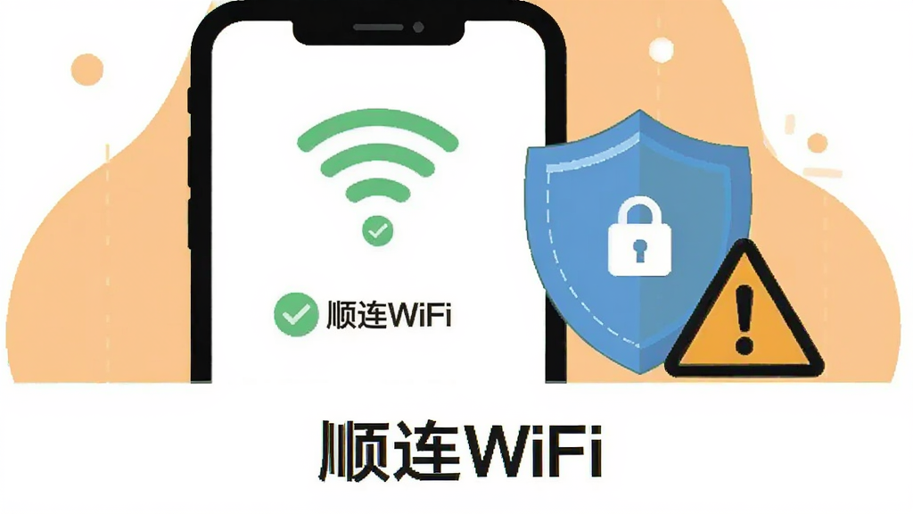 画面中央为一部手机屏幕显示WiFi连接成功界面,屏幕旁边放置一个盾牌图标与警示三角图标,背景为浅橙色与白色搭配,布局上下结构,上方为手机下方为文字提示条,风格为扁平化提示插画,细节包括勾选标记、信号波纹、安全锁图标,画质清晰干净,无多余元素,图片中文字为“顺连WiFi”