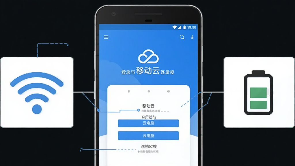 画面主体为一部安卓手机屏幕展示“移动云”登录与云电脑连接界面,旁边放置 Wi-Fi 信号图标与电池图标,布局为手机居中、图标分列两侧,排版清晰直观,风格为教程类扁平插画,细节包含蓝白配色与简洁标注线,画质干净无多余元素
