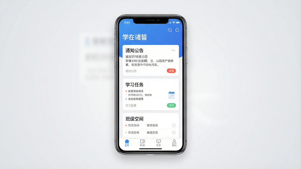 一张简洁的手机应用界面展示图,画面中央是一部竖屏智能手机,屏幕上显示蓝白色调的教育类应用首页,顶部有“学在诸暨”字样,页面包含通知公告、学习任务、班级空间等卡片式模块,背景为浅灰渐变,风格清爽现代,细节清晰,画质干净,无多余元素