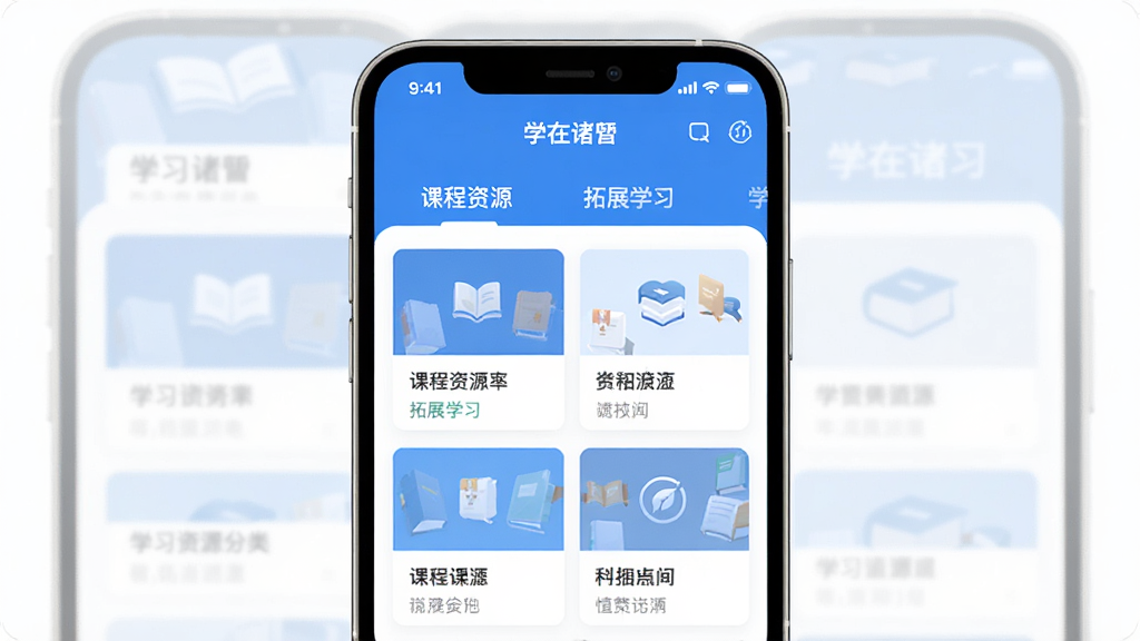 一张学习资源聚合页面的示意图,手机屏幕中“学在诸暨”应用展示学习资料分类卡片,页面有“课程资源”“拓展学习”等标签,蓝白配色,风格简洁,画质干净,无多余元素