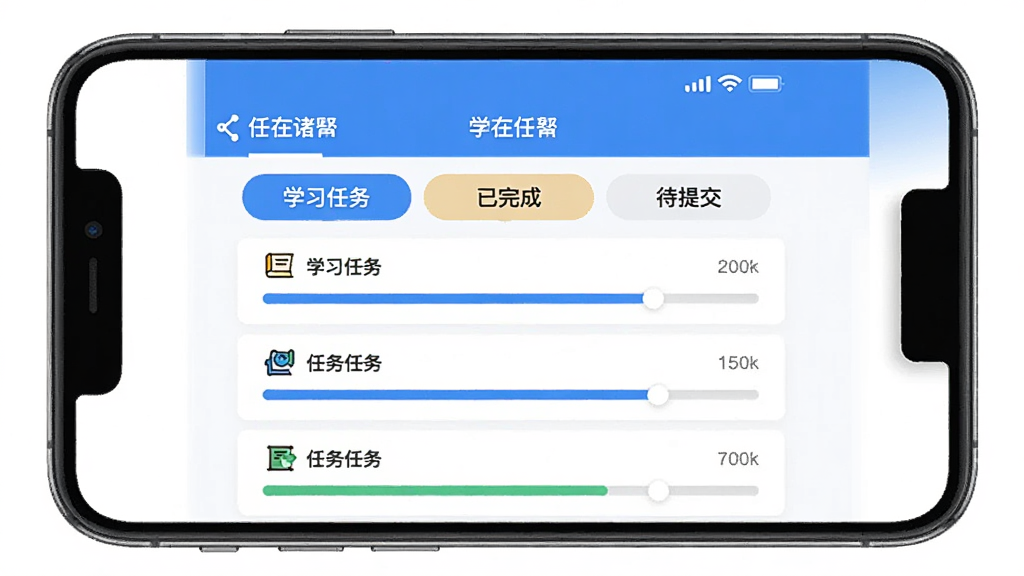 一张展示学习任务管理界面的示意图,手机屏幕中“学在诸暨”应用显示任务列表与进度条,页面有“学习任务”“已完成”“待提交”等标签,蓝白配色,布局规整,风格简洁,画质干净,无多余元素