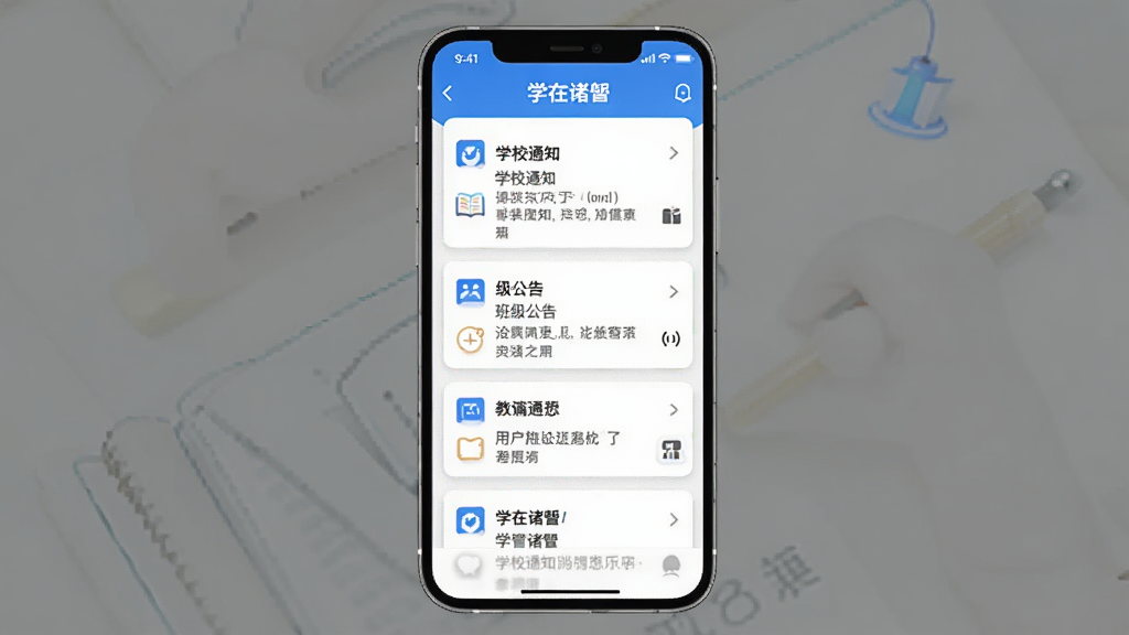 一张教育应用消息通知界面的示意图,手机屏幕中显示“学在诸暨”应用的消息列表,包含学校通知、班级公告等条目,界面为白色卡片搭配蓝色点缀,背景简洁,风格清新,画质干净,无多余元素