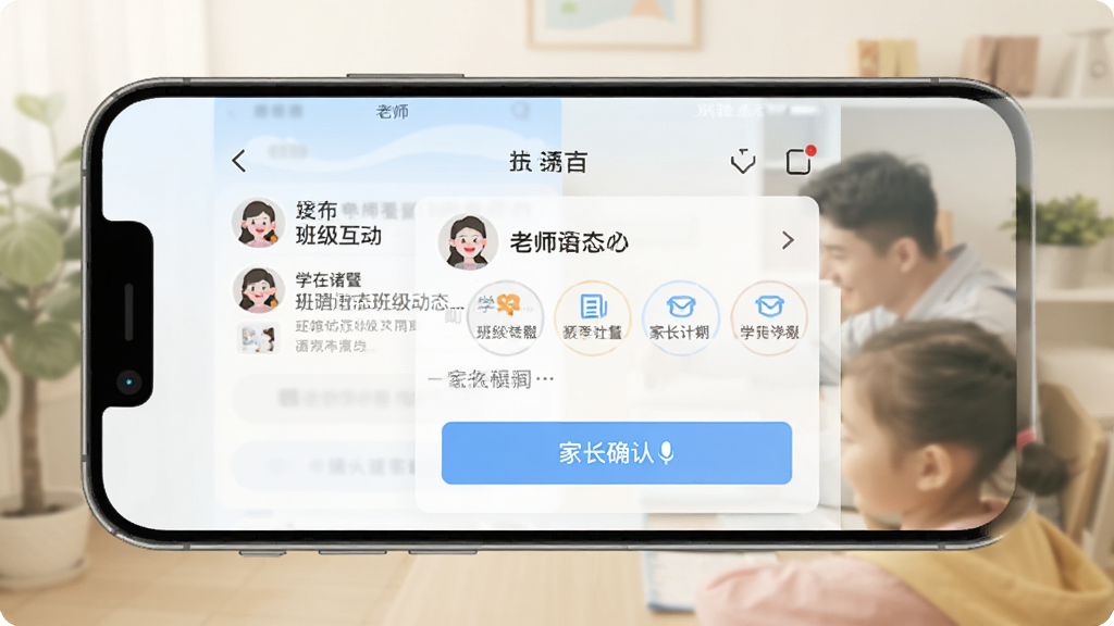 一张家校沟通场景的示意图,手机屏幕中显示“学在诸暨”班级互动页面,包含老师发布的班级动态与家长确认按钮,界面为浅色背景搭配蓝色图标,风格友好,画质干净,无多余元素