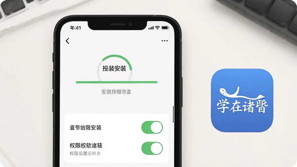 一张手机应用安装与权限设置示意图,画面中手机屏幕显示安装进度与权限开关界面,旁边有“学在诸暨”应用图标,背景为浅色桌面,风格简洁,画质干净,无多余元素