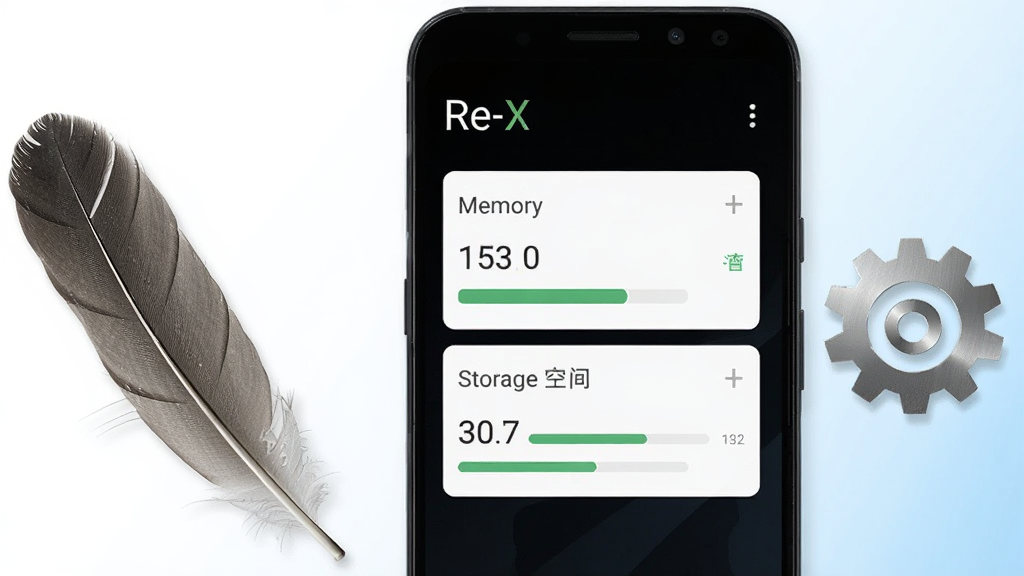 一部安卓手机屏幕显示 Re:X 软件运行状态页面,页面中有内存占用与存储空间的简洁数据卡片,屏幕上方有“Re:X”名称,手机旁边放置轻薄的羽毛与齿轮图形象征轻量,背景为纯白与浅蓝渐变,风格简洁商务,细节清晰,画质干净,无多余元素