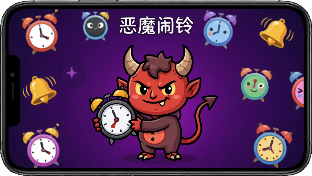 一张展示“恶魔闹铃”软件主界面的手机屏幕截图,画面中央是一个卡通恶魔形象手持闹钟,背景为深紫色渐变,周围环绕着多个不同颜色的闹钟图标和铃铛元素,布局清晰,风格活泼可爱又带点搞怪,细节上突出恶魔的角和尾巴,画质高清干净,无多余元素