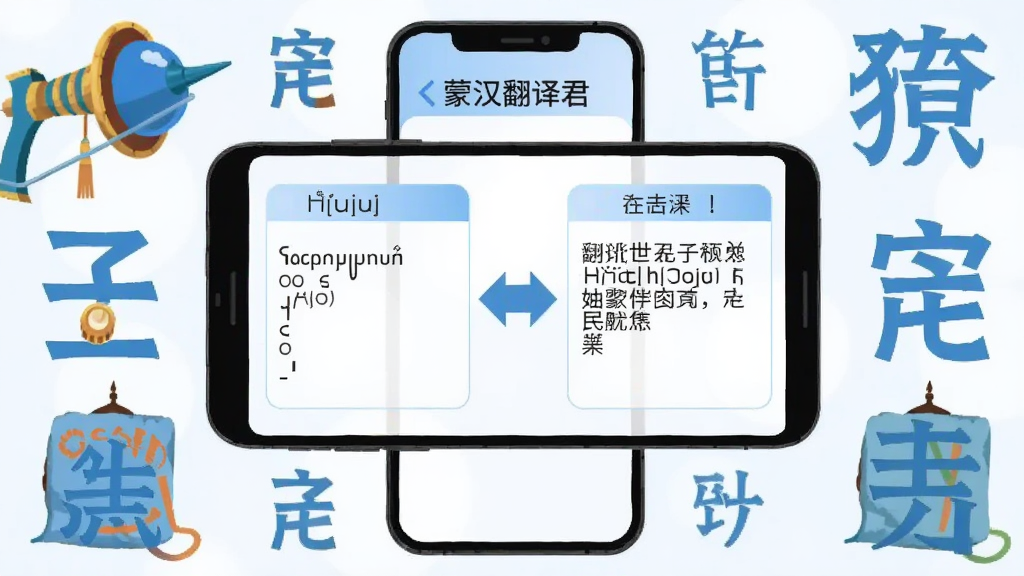 画面中央放置一部智能手机,屏幕上显示蒙汉翻译君应用界面,左侧为蒙古文输入框,右侧为中文译文框,中间有双向箭头连接,手机周围环绕蒙古文与汉字元素作为装饰,整体采用浅蓝与白色配色,扁平化插画风格,布局居中对称,细节干净清晰,画质高清,无多余杂乱元素