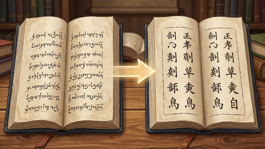 画面上方是两本并排打开的书,左边书页写满蒙古文,右边书页写满汉字,两本书之间有一道发光箭头相互指向,背景为柔和的书房场景,风格写实插画,细节包括书页纹理与木质桌面,画质清晰干净,构图平衡,无多余装饰