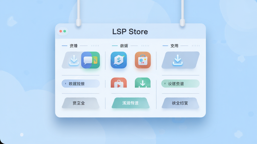 主体为一块悬浮在浅蓝色背景上的数字资源面板,面板中央排列多个彩色应用图标与分类标签,顶部有“LSP Store”文字标识,布局为居中对称式,风格为清新扁平插画风,细节包括发光的下载箭头、细线分隔的分类区块、柔和的投影,画质高清,画面干净,无多余元素