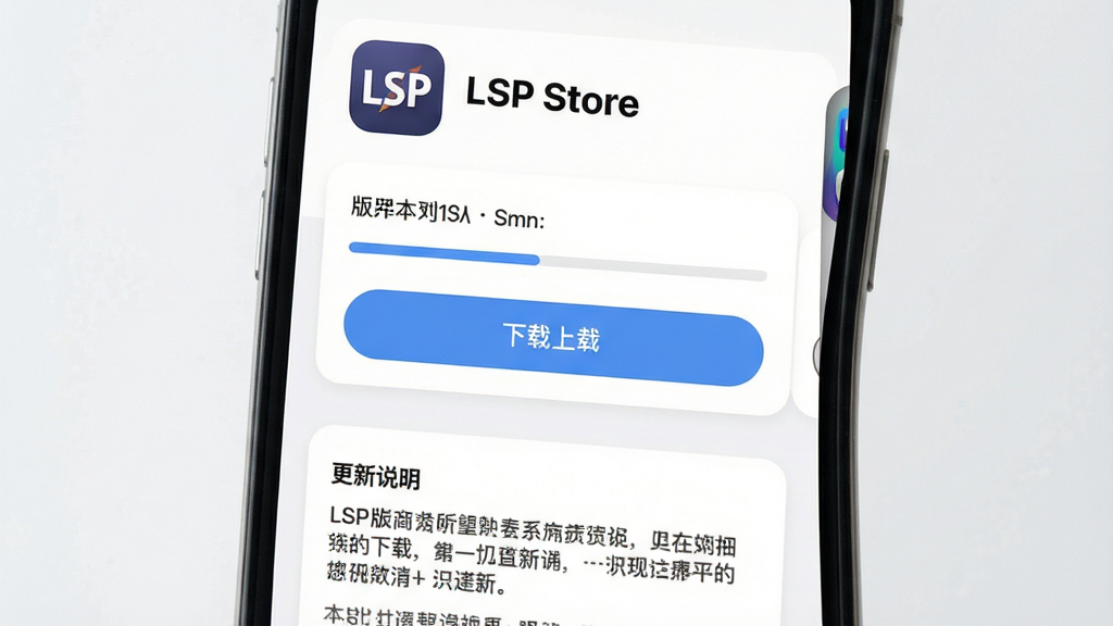 主体为手机屏幕特写,屏幕中显示一个应用详情页面,页面顶部是应用图标与“LSP Store”标题,中部是版本信息与下载按钮,底部是更新说明文字块,布局为纵向卡片式,风格为现代简约UI风,细节包括进度条、圆角按钮、浅灰分隔线,画质清晰,画面干净,无多余元素