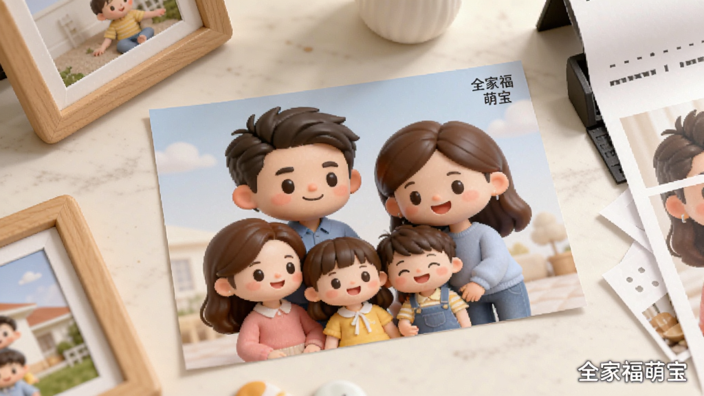 一张展示全家福萌宝打印输出效果的场景图,画面主体为一张刚刚打印出来的Q版全家福照片放在桌面上,周围点缀着相框与打印纸张,布局为俯视视角的静物构图,风格为温馨居家摄影风,细节包括照片中卡通家庭成员的笑脸与柔和的光线,画质清晰干净,照片角落带有“全家福萌宝”水印字样