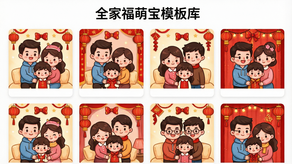 一张展示全家福萌宝模板库的界面截图,画面主体为整齐排列的Q版全家福模板缩略图网格,布局为三行四列的卡片展示,排版简洁明快,风格为明亮活泼的卡通设计,细节包括每个模板中不同家庭成员组合与节日装饰元素,画质高清干净,画面顶部带有“全家福萌宝模板库”字样