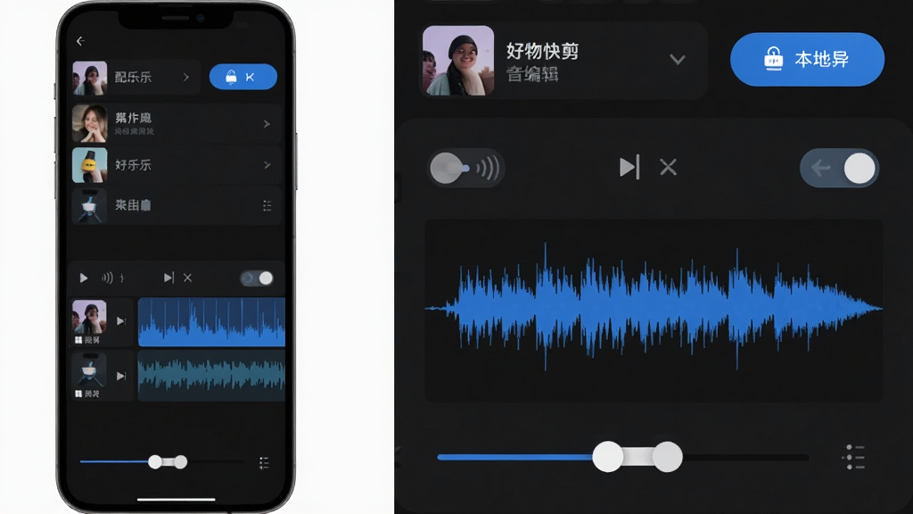 好物快剪音频编辑面板,手机界面显示音频波形图与音量调节滑块,上方有配乐列表与本地导入按钮,背景为深色界面搭配蓝色高亮元素,风格现代简洁,细节包含淡入淡出开关与音频轨道,画质清晰,画面干净,无多余元素