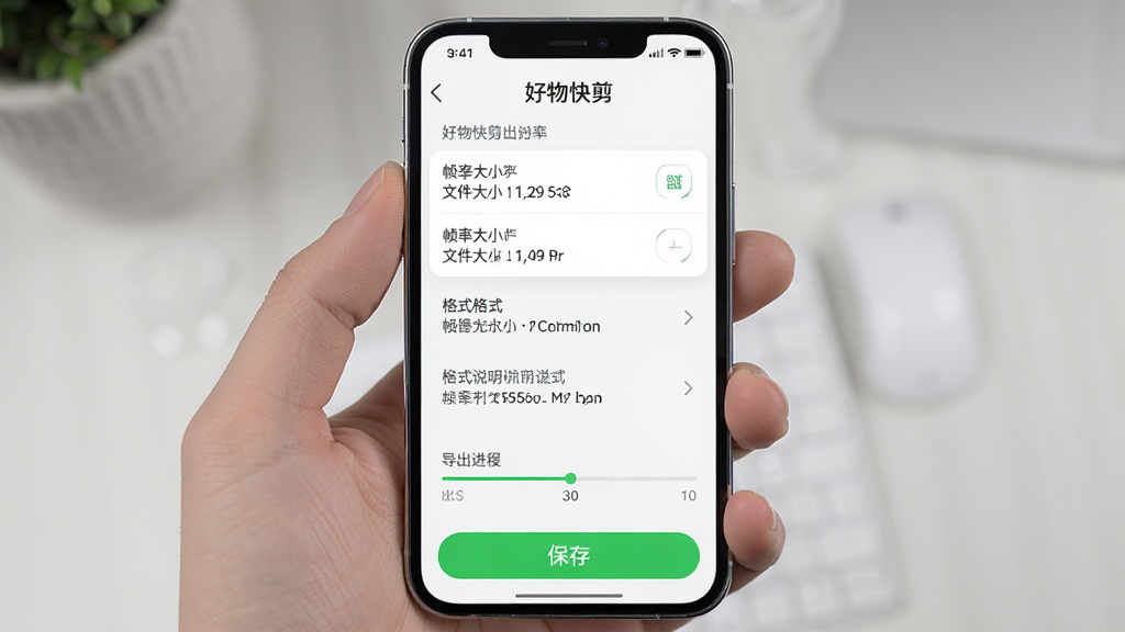 好物快剪导出设置界面,手机屏幕显示分辨率与帧率选项列表,下方有导出进度条与保存按钮,界面采用浅色背景搭配绿色确认按钮,风格清新简洁,细节包含文件大小预估与格式说明,画质高清,画面干净,无多余元素