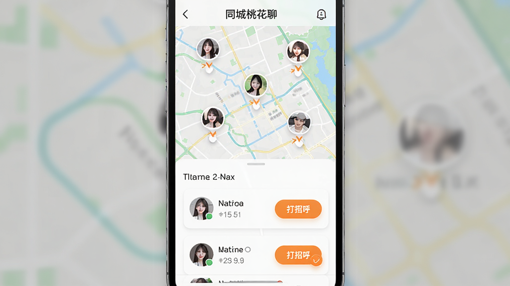 同城桃花聊附近推荐功能界面,手机屏幕显示地图背景上分布着多个用户头像标记,下方为按距离排序的用户卡片列表,界面采用浅色背景配橙色高亮按钮,布局为上中下三段式,风格简洁明快,细节包含距离数值、头像圆框、打招呼按钮,画质清晰干净,无多余元素