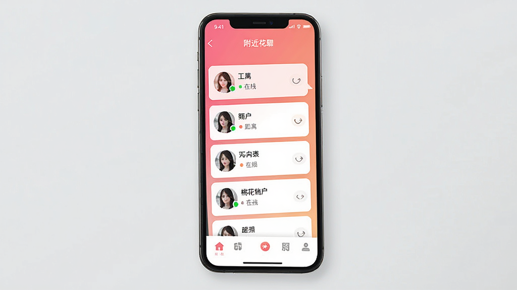 同城桃花聊应用主界面展示,手机屏幕中呈现附近用户列表与聊天气泡,界面配色以粉橙渐变为主,布局为顶部导航栏加中部卡片式用户列表加底部功能菜单,风格清新现代,细节包含头像、距离标签、在线状态圆点,画质清晰干净,无多余元素