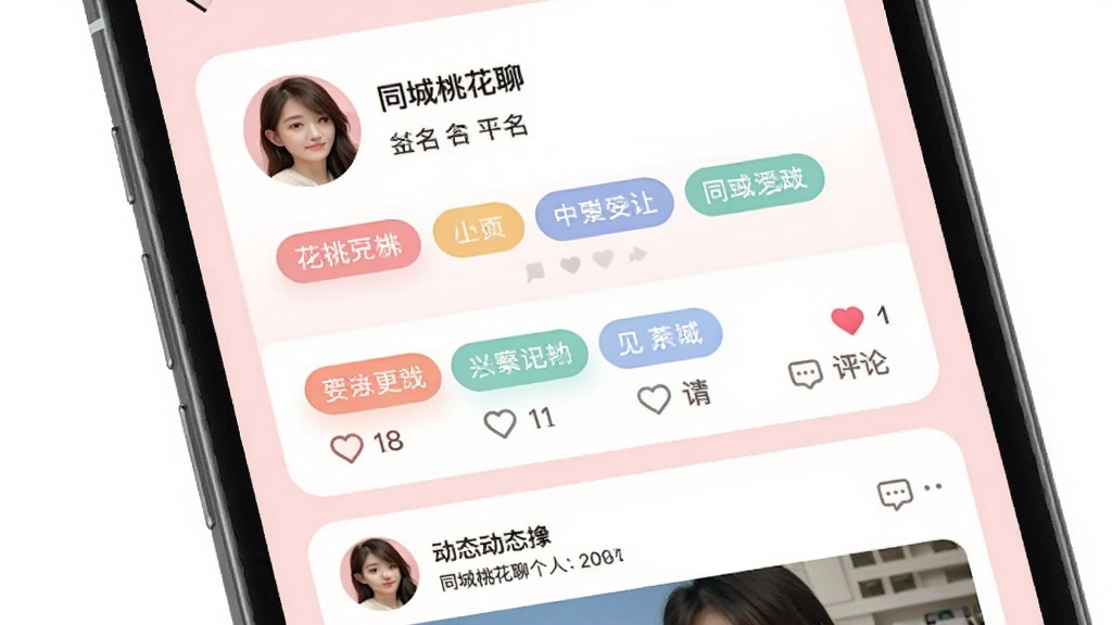 同城桃花聊个人主页与兴趣标签展示,手机屏幕呈现用户头像、昵称、签名及彩色兴趣标签排列,下方为动态图文卡片,界面采用柔和圆角卡片设计配浅粉底色,布局为顶部资料区加中部标签区加底部动态流,风格温馨清爽,细节包含标签胶囊、点赞图标、评论入口,画质清晰干净,无多余元素