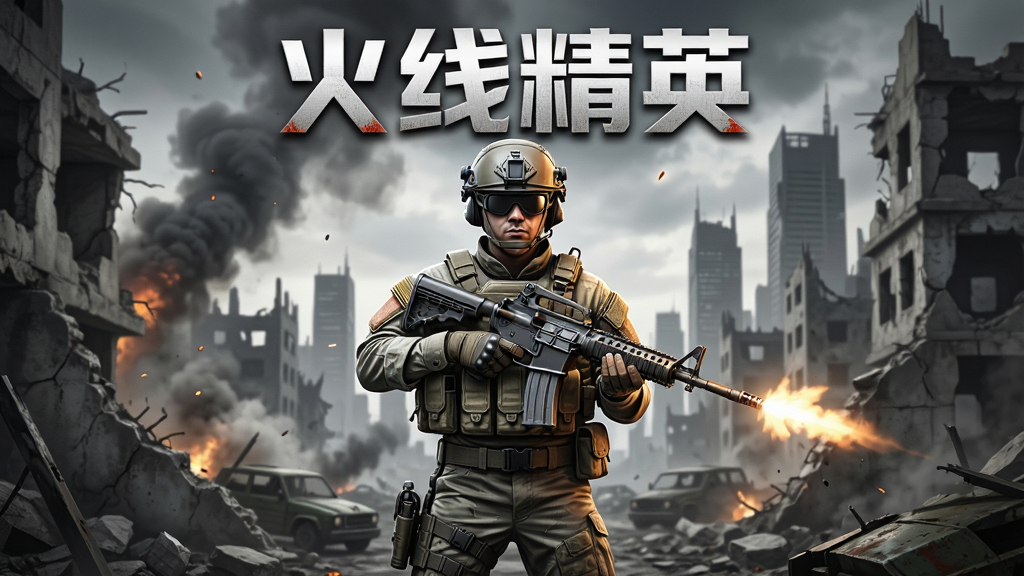 主体为一名手持步枪的特种兵角色站在城市废墟战场中央,布局采用居中对称构图,上方预留标题排版空间,风格为写实射击游戏海报风,细节包含枪口火光、飘散硝烟、破碎墙体与远处楼宇剪影,画面中打文字
