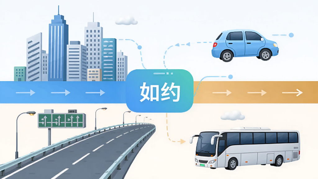 画面分为上下两个区域,上方区域描绘城市楼宇与短途汽车图标,下方区域描绘高速公路与长途巴士图标,两个区域之间以