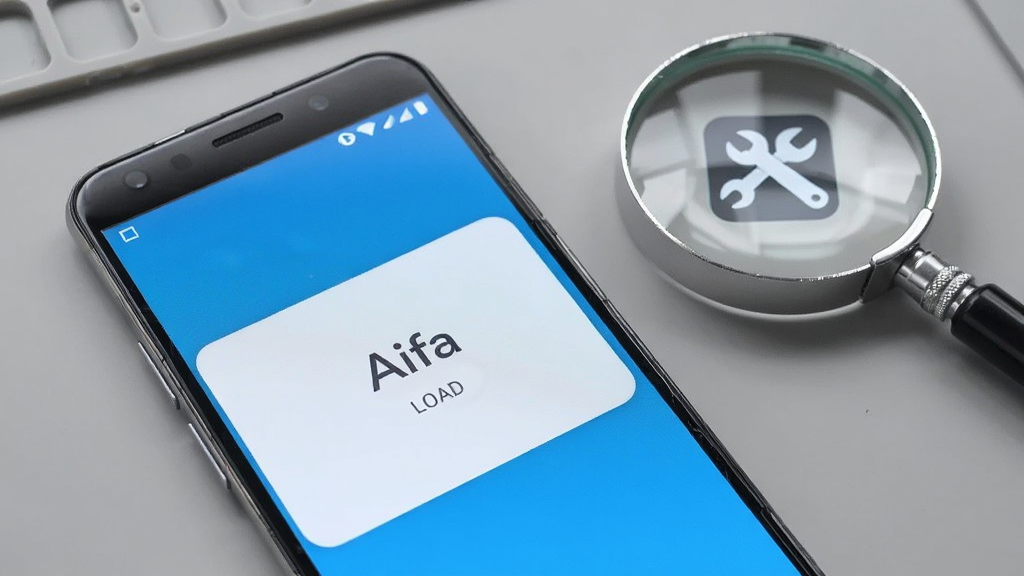 一部安卓手机屏幕显示“Aifa”应用出现白屏加载状态,旁边放着一个放大镜和工具图标象征问题排查,背景为浅灰色工作台面,风格写实,细节上手机边缘有轻微反光,画面干净整洁,画质清晰,无多余杂物