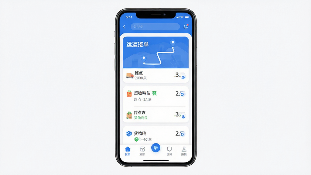 手机屏幕中展示货运接单软件运运货的主界面,画面主体是一部竖屏智能手机,布局为居中构图,手机上方显示货源列表卡片,卡片内含起点终点路线与货物吨位信息,下方为底部导航栏,排版简洁清晰,风格为现代扁平化UI设计,细节包含蓝色主色调、圆角卡片、图标线条干净,画质高清,画面干净,无多余元素