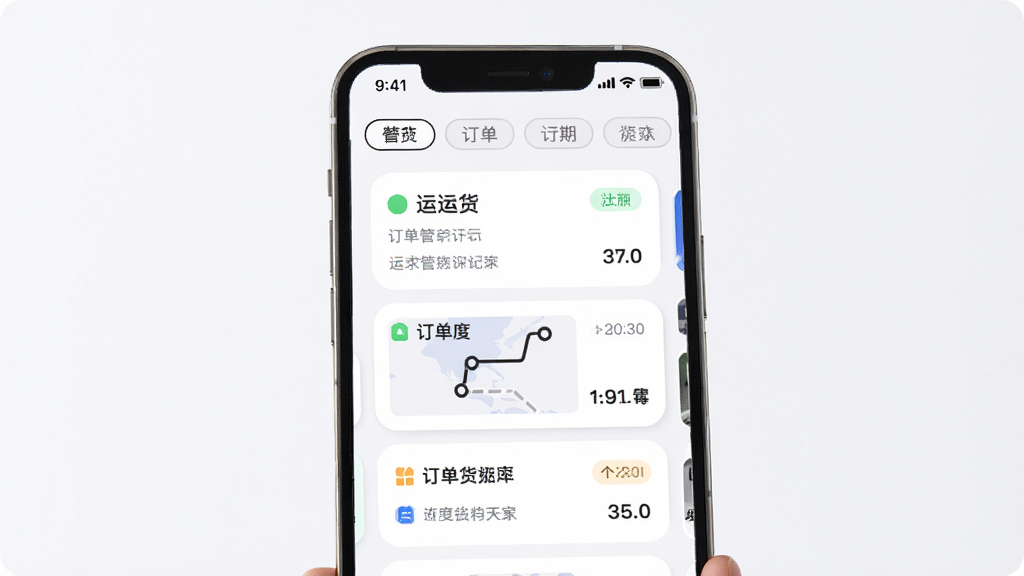 运运货软件订单管理界面,画面主体为手机屏幕,布局为顶部状态标签加中部订单卡片列表,排版层次分明,风格为柔和圆角卡片设计,细节包含状态徽章、路线简图、时间节点图标,画质高清,画面干净,无多余元素