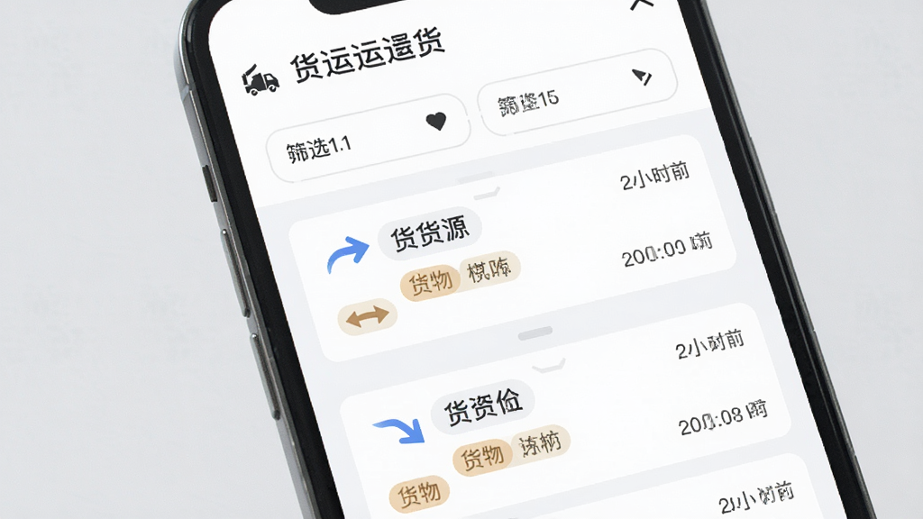 货运软件运运货的货源列表页面,画面主体为手机屏幕特写,布局为上下结构,上半部分为筛选条件栏,下半部分为多条货源卡片纵向排列,排版整齐,风格为清爽浅色商务风,细节包含路线箭头图标、货物标签、时间戳,画质清晰,画面干净,无多余元素