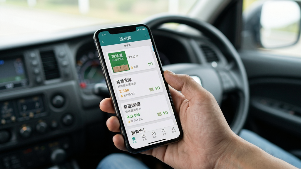 手机使用货运软件运运货的场景图,画面主体为司机手持手机查看货源,布局为人物手部与手机屏幕特写,排版聚焦屏幕内容,风格为写实生活风,细节包含车内环境虚化背景、屏幕显示货源卡片、自然光线,画质清晰,画面干净,无多余元素