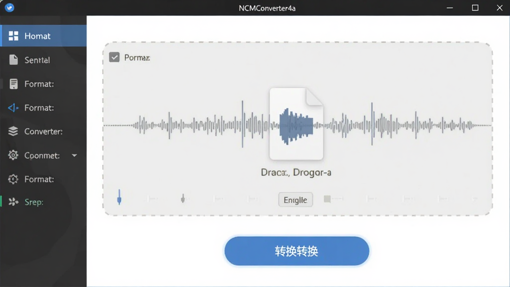 一个简洁的软件界面展示图,主体为NCMConverter4a软件主窗口,布局中央是文件拖拽区域和转换按钮,排版左侧为功能导航栏,风格为现代扁平化科技风,细节包括音频波形图标和格式标签,画质清晰,画面干净,无多余元素