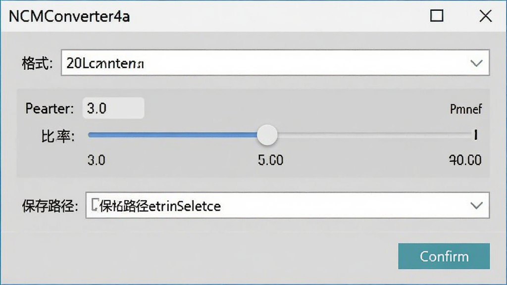 NCMConverter4a参数设置界面图,主体为软件设置面板,布局上方为格式选择下拉框,下方为比特率调节滑块和保存路径选择栏,排版整齐有序,风格为简约商务风,细节包括参数数值标签和确认按钮,画质清晰,画面干净,无多余元素