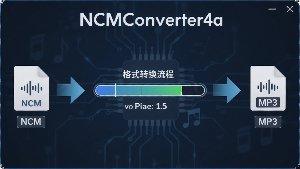 NCMConverter4a软件功能展示图,主体为格式转换流程示意图,布局从左至右展示NCM文件到MP3文件的转换箭头,排版中央突出转换进度条,风格为清爽科技感,细节包括音频文件图标和格式标识,画质清晰,画面干净,无多余元素