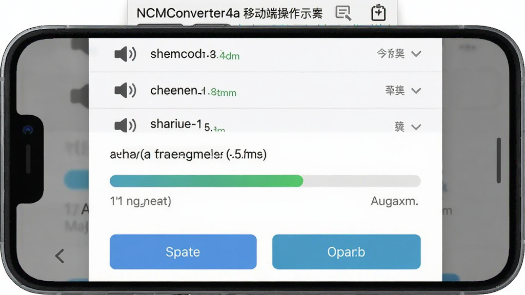 NCMConverter4a移动端操作示意图,主体为手机屏幕展示软件转换进度界面,布局上方为文件列表,中央为进度条,下方为操作按钮,排版清晰直观,风格为扁平化移动UI风,细节包括音频图标和状态文字,画质清晰,画面干净,无多余元素