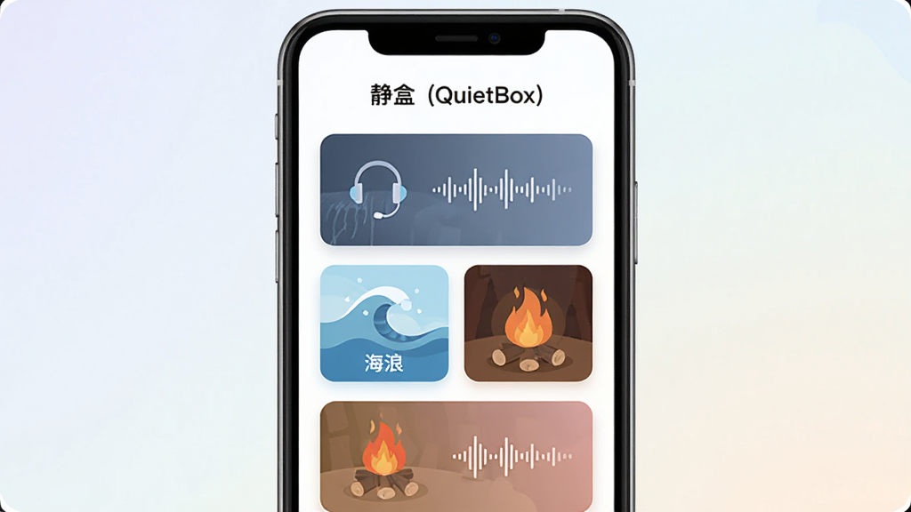 主体为一部竖屏手机,屏幕中央显示“静盒 (QuietBox)”应用界面,界面内排列雨声、海浪、篝火等声音卡片;布局为手机居中、四周留白;排版简洁,上方放软件名称文字;风格为清爽扁平化插画;细节包含耳机图标、声波曲线、柔和渐变背景;画质清晰,干净,无多余元素